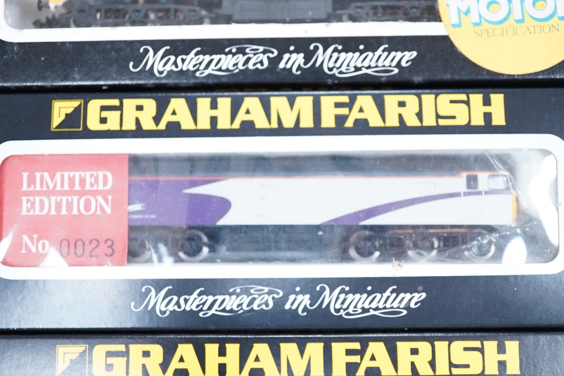 Four boxed Graham Farish N gauge railway Class 47 diesel locomotives; a Porterbrook, 47 817 (LE801A), a Network SouthEast, 47 582 (8018), a Great Western, SS Great Britain 47813, (8002) and a Parcels, Track 29 47479 (802